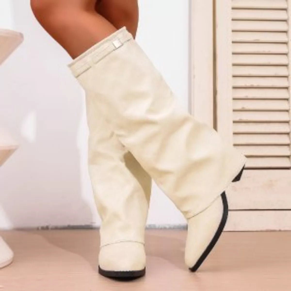 Point Toe Suede Block Heel Boots - Mid Heels, Rubber Sole - Size Conversion Included - PBNJ FASHIONSBeige