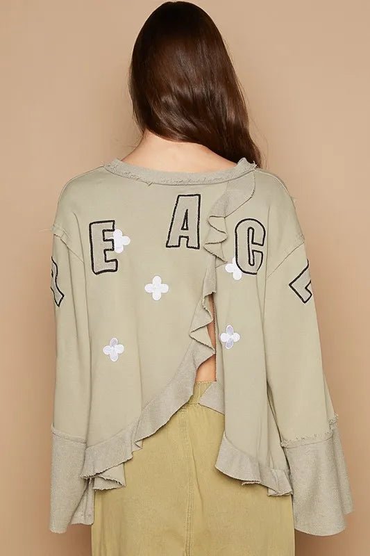 POL Peace Embroidered Exposed Seam Back Ruffle V - Neck Top - PBNJ FASHIONS
