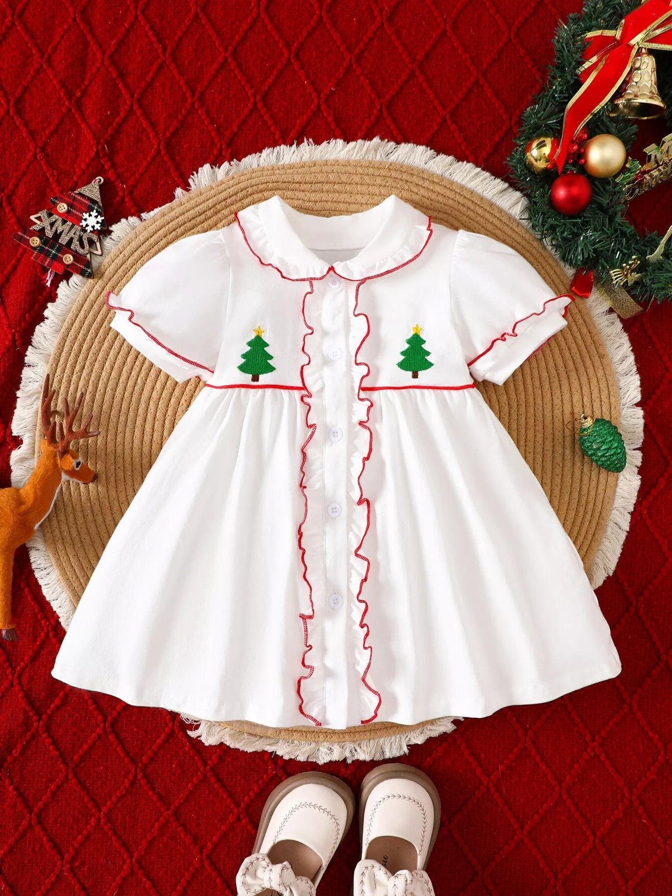 Children's Christmas Tree Embroidered Ruffle Trim Dress - PBNJ FASHIONS