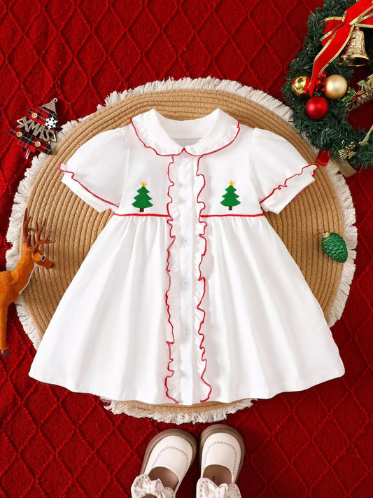 Children's Christmas Tree Embroidered Ruffle Trim Dress - PBNJ FASHIONS