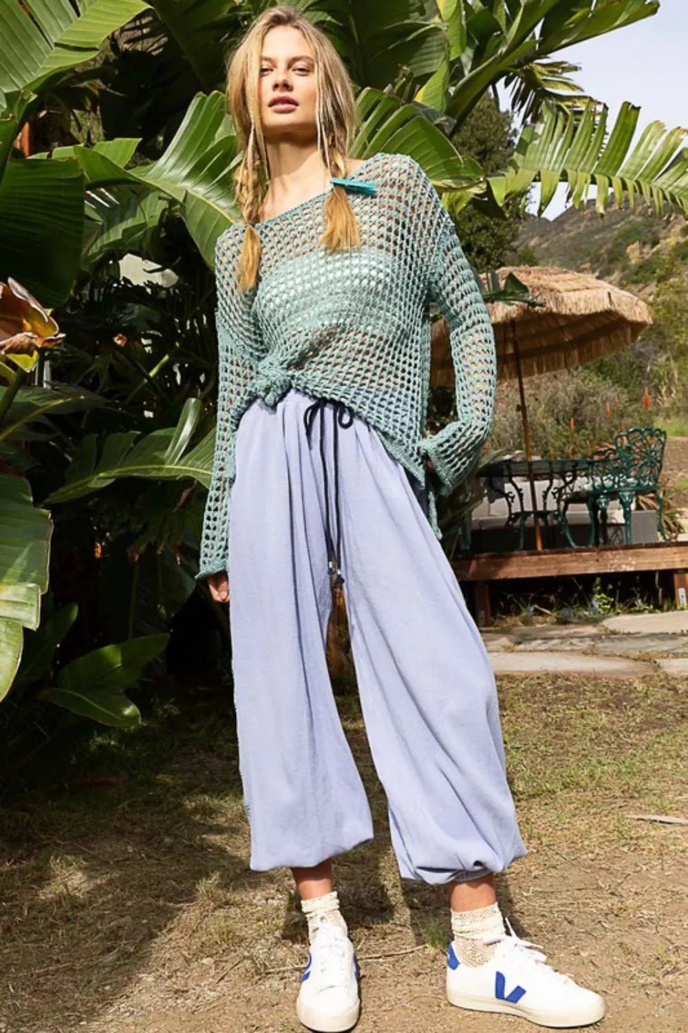 POL Side Slit Openwork Long Sleeve Knit Cover Up - PBNJ FASHIONS