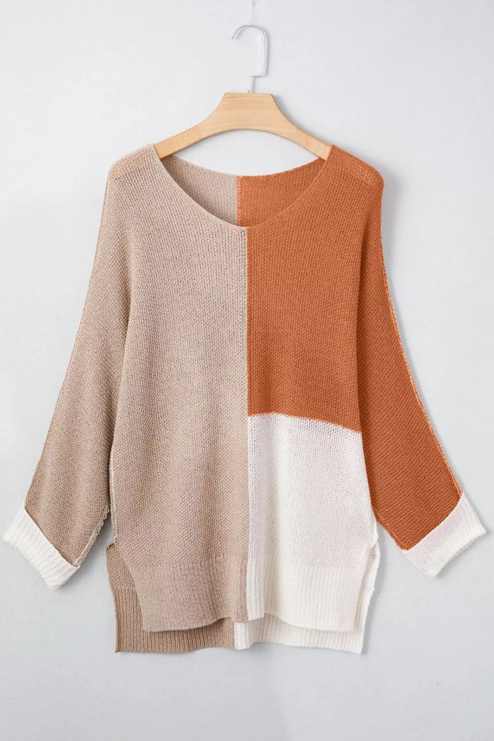 Color Block Knit V Neck Loose Sweater - PBNJ FASHIONS