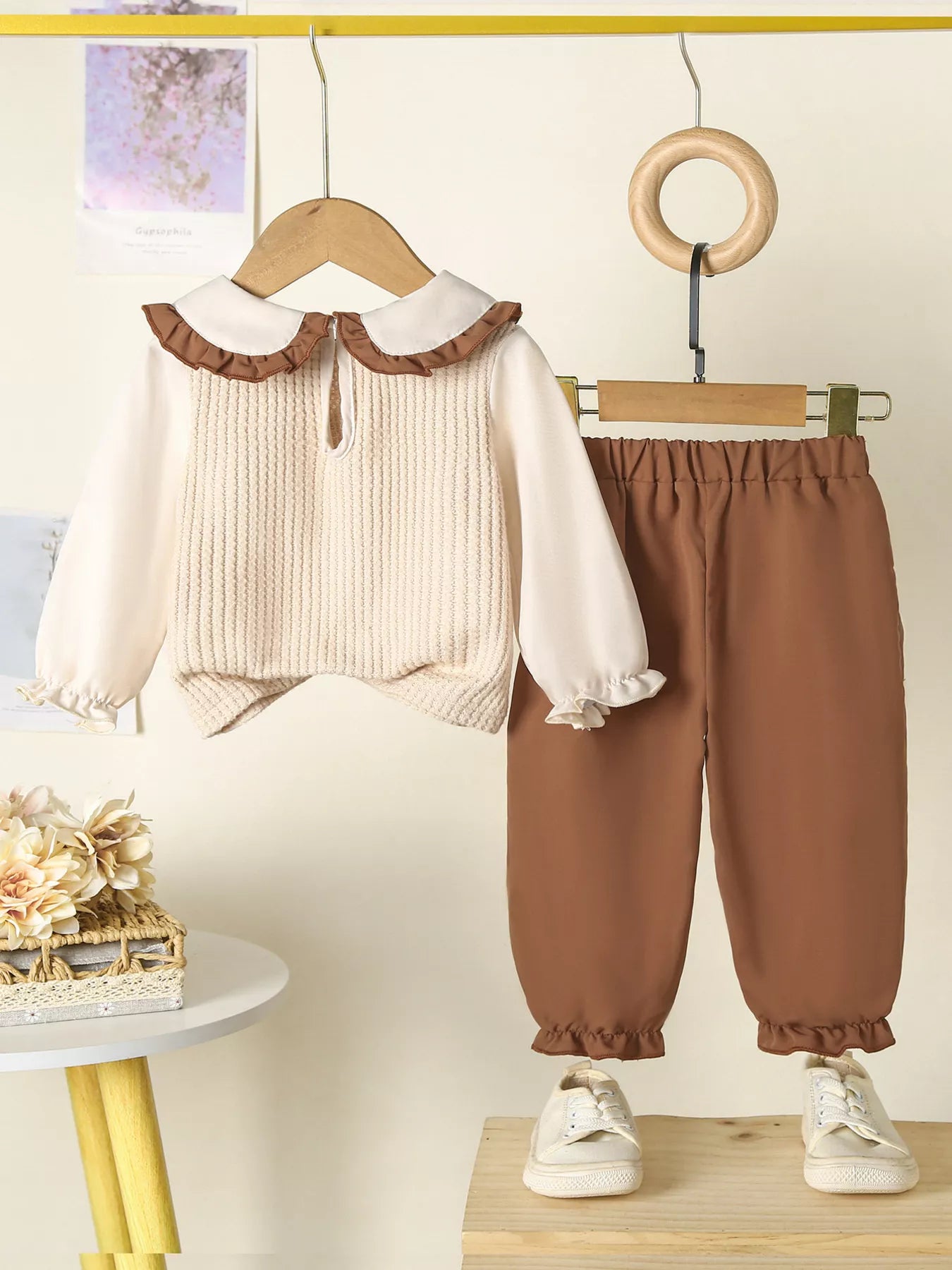 Children's Floral Applique Ruffle Trim Top and Pants Set - PBNJ FASHIONS