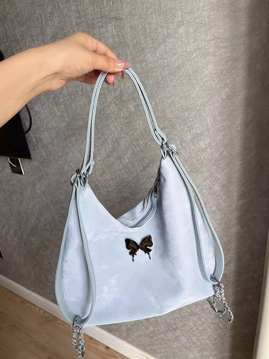 Convertible Shoulder Bag with Butterfly Decor - BlueOne Size