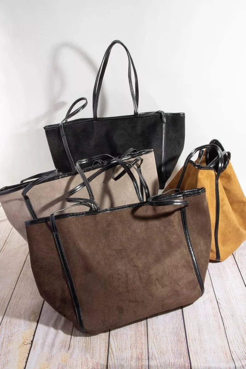 Fame Suede Tote Faux Leather Trim Shoulder Strap - PBNJ FASHIONS
