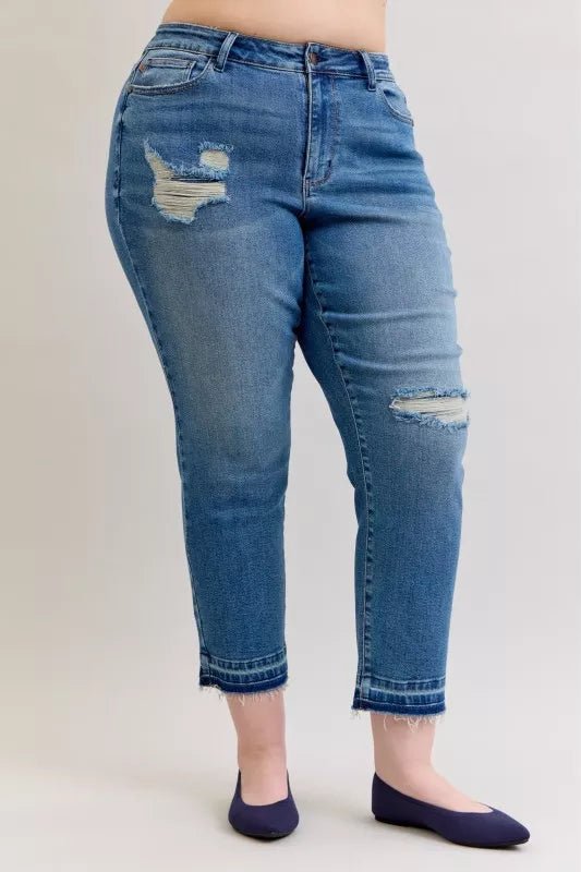 Judy Blue Full Size Mid Rise Bf Patch & Repair Destroy Release Hem Jeans Plus Size - PBNJ FASHIONS