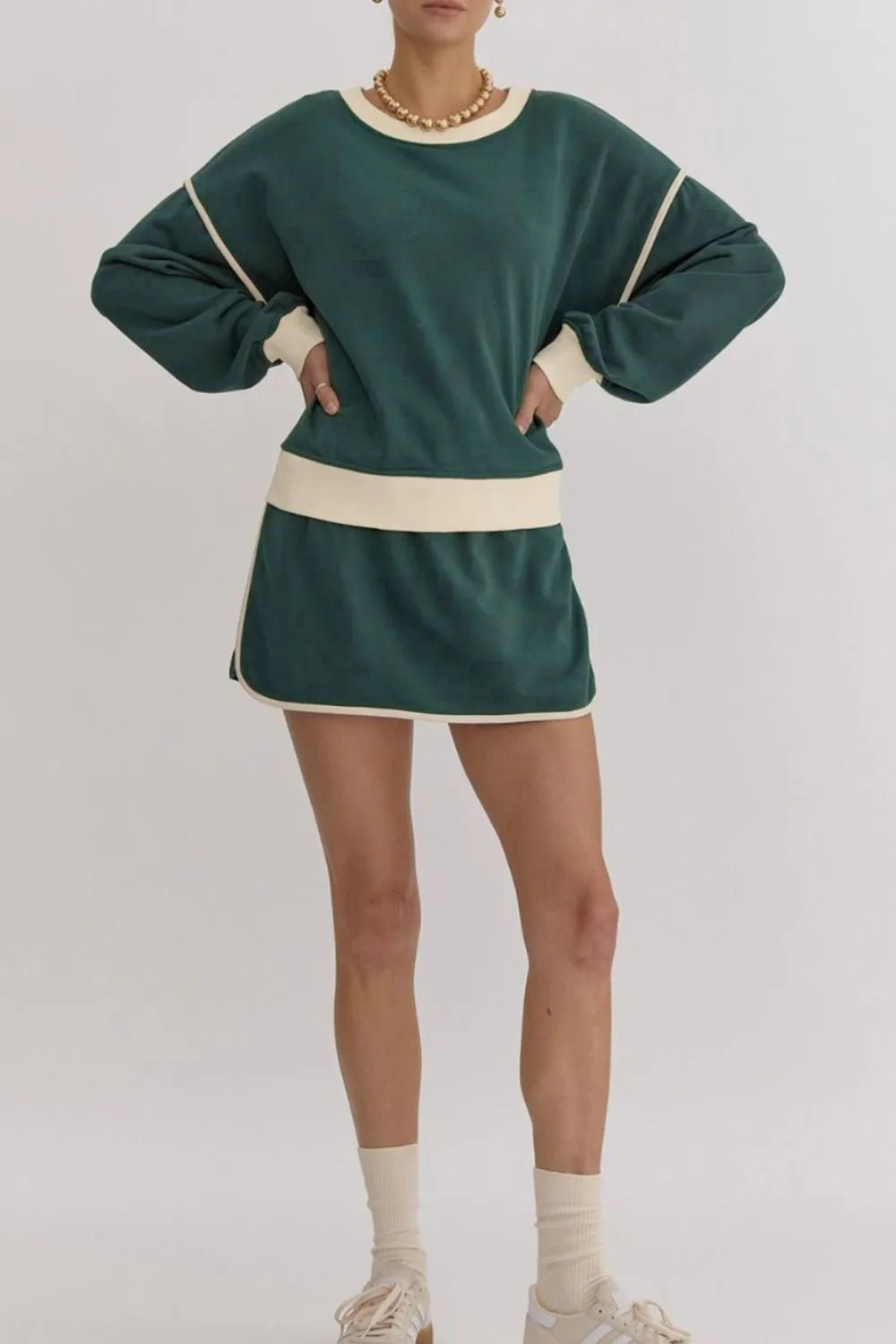 Contrast Trim Round Neck Top and Skort Set - PBNJ FASHIONS