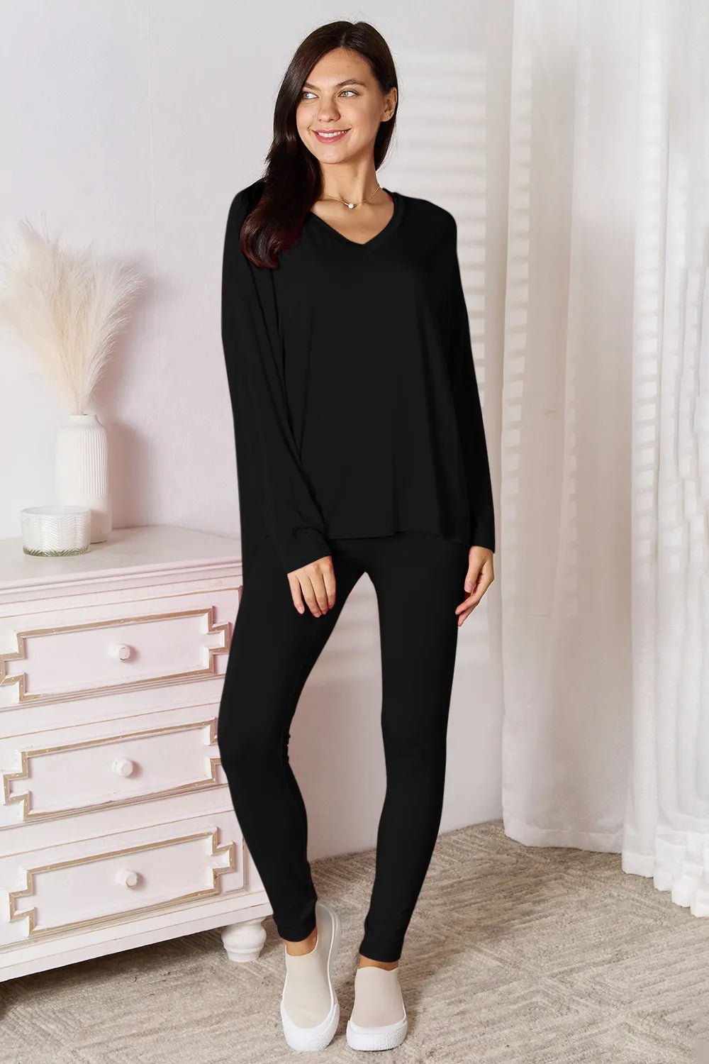 Basic Bae Bamboo Full Size V - Neck Long Sleeve Top and Pants Lounge Set - PBNJ FASHIONS