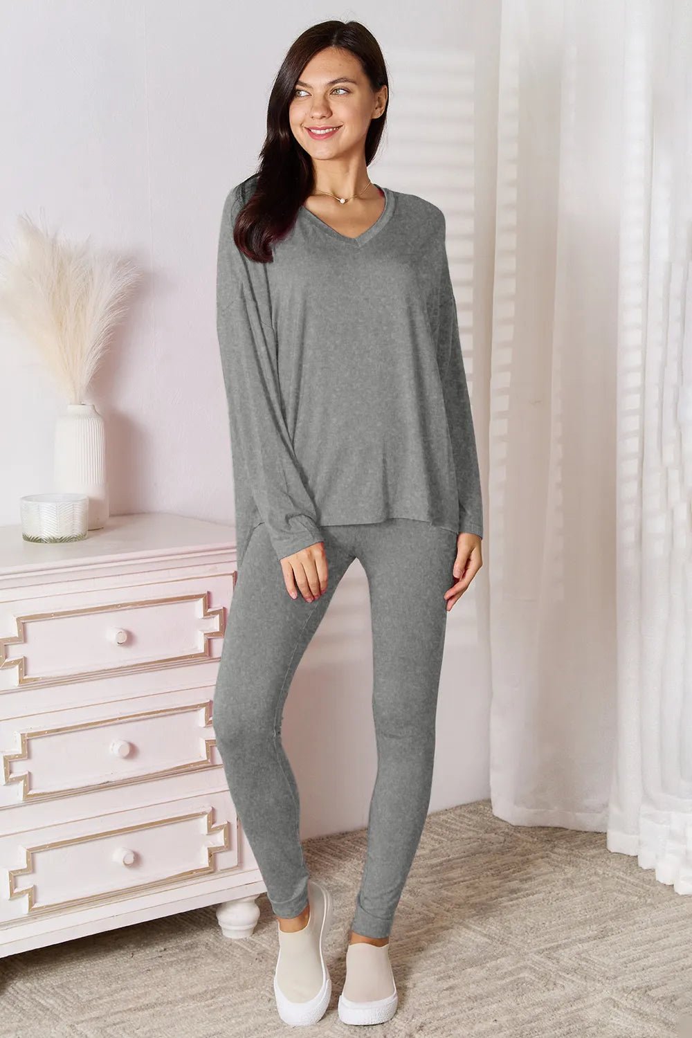 Basic Bae Bamboo Full Size V - Neck Long Sleeve Top and Pants Lounge Set - PBNJ FASHIONS