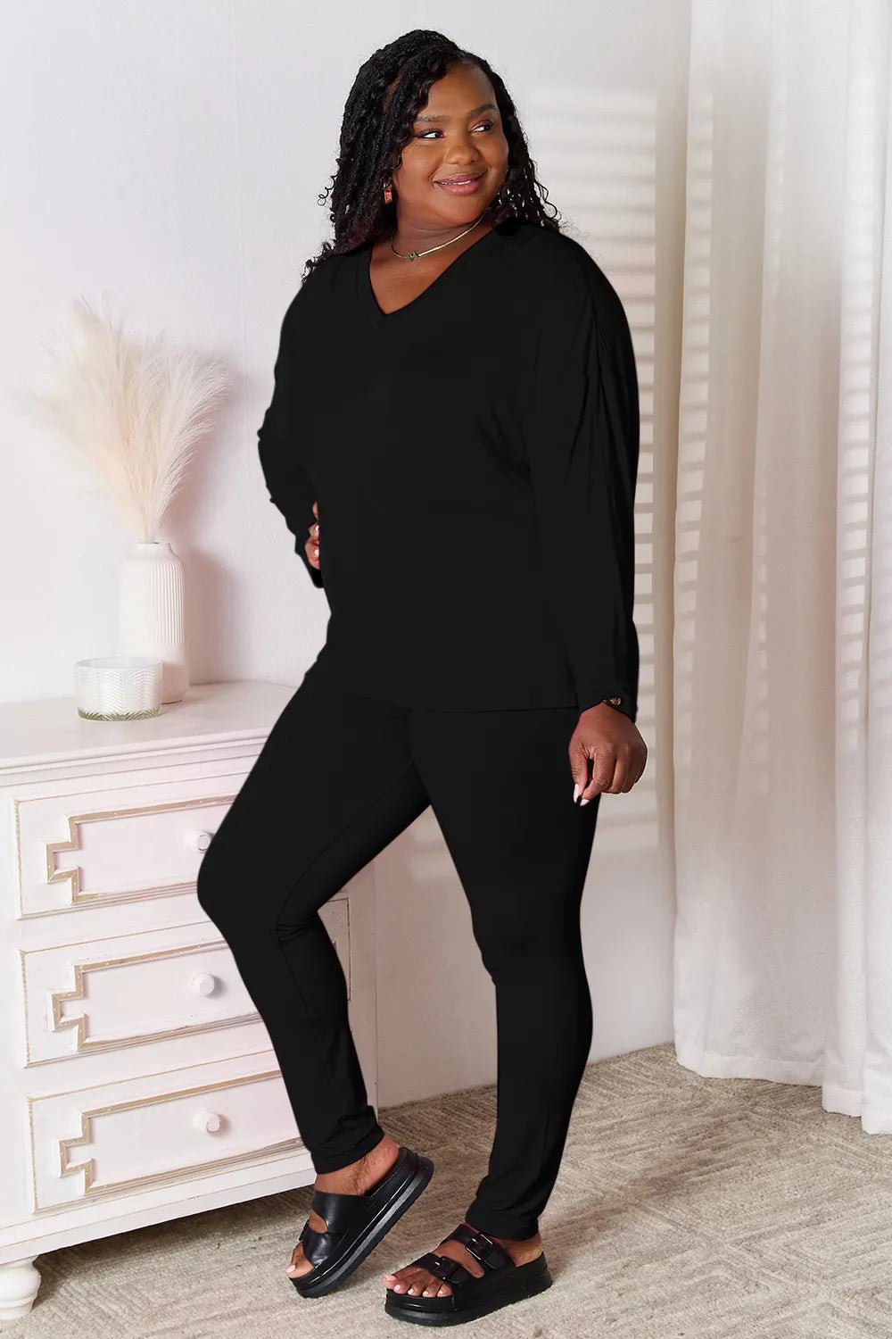 Basic Bae Bamboo Full Size V - Neck Long Sleeve Top and Pants Lounge Set - PBNJ FASHIONS