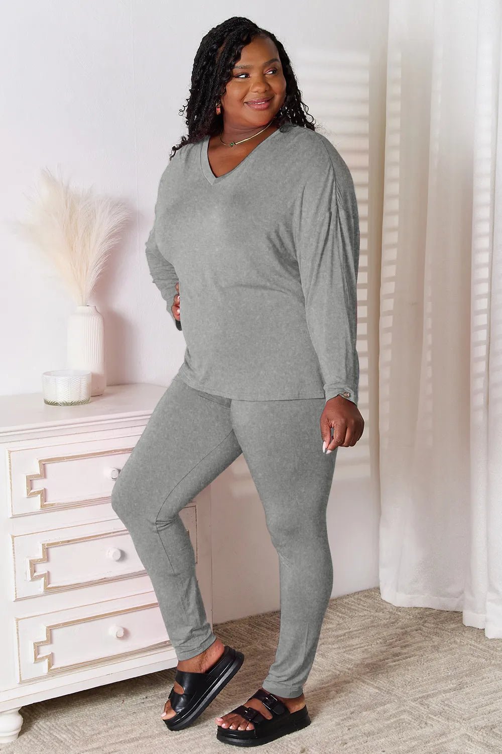 Basic Bae Bamboo Full Size V - Neck Long Sleeve Top and Pants Lounge Set - PBNJ FASHIONS