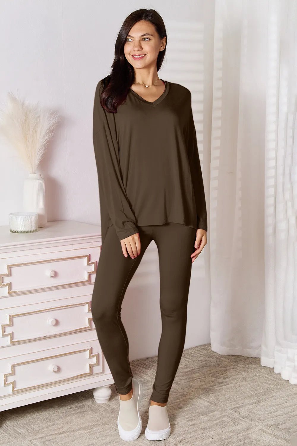 Basic Bae Bamboo Full Size V - Neck Long Sleeve Top and Pants Lounge Set - PBNJ FASHIONS