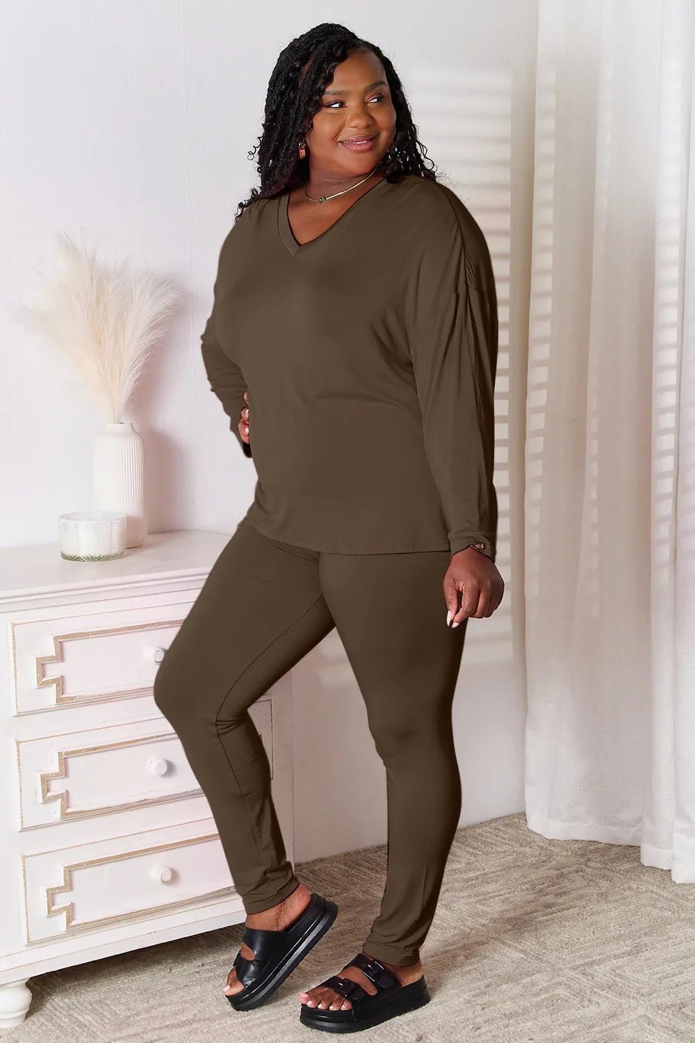 Basic Bae Bamboo Full Size V - Neck Long Sleeve Top and Pants Lounge Set - PBNJ FASHIONS