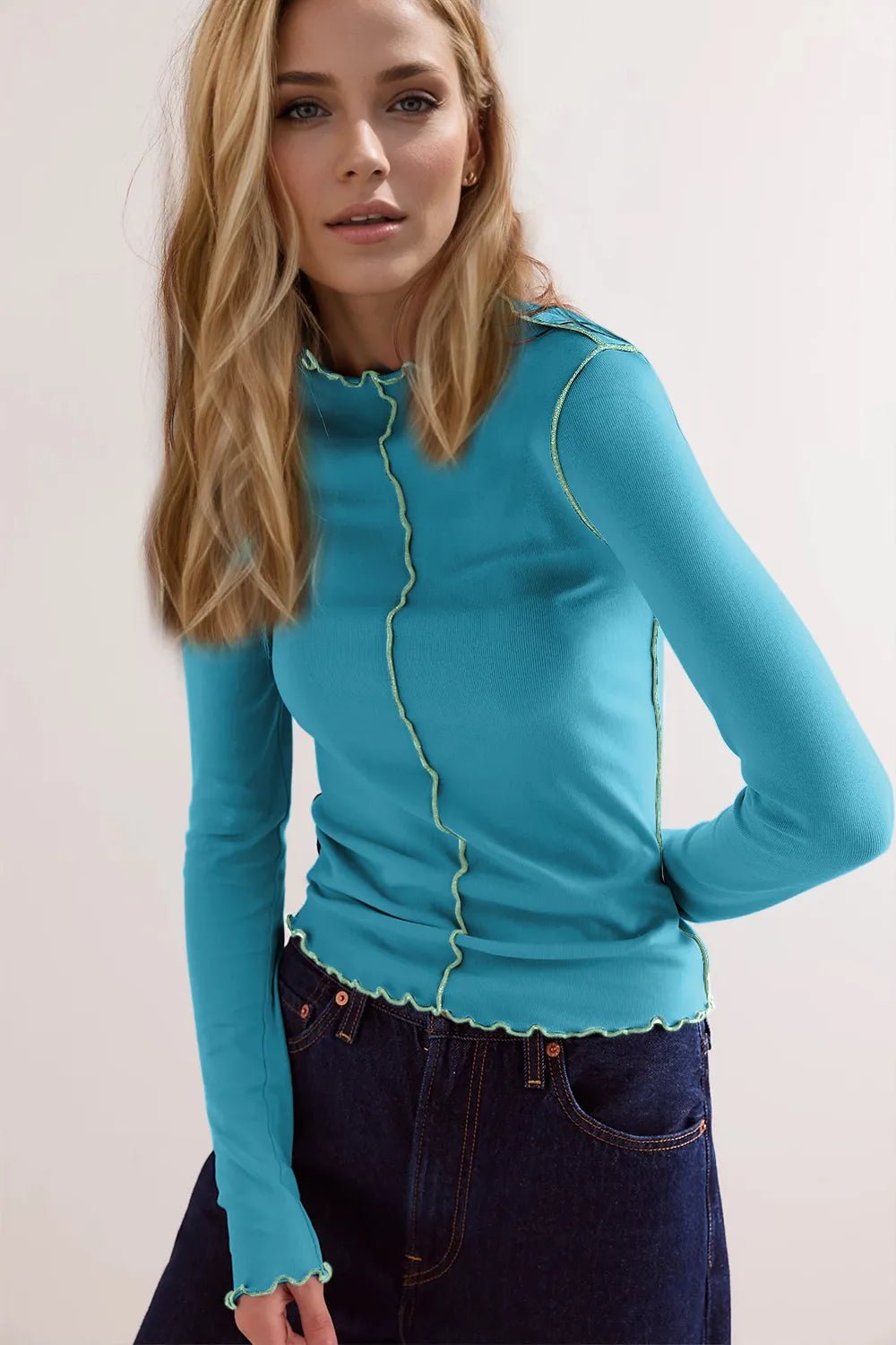 Basic Bae Contrast Trim Mock Neck Long Sleeve T-Shirt - PBNJ FASHIONS