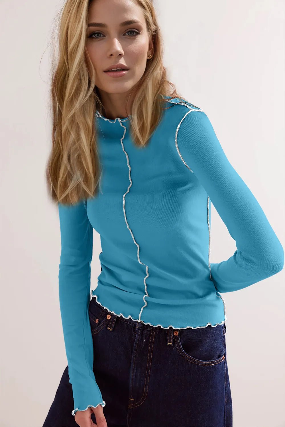 Basic Bae Contrast Trim Mock Neck Long Sleeve T-Shirt - PBNJ FASHIONS