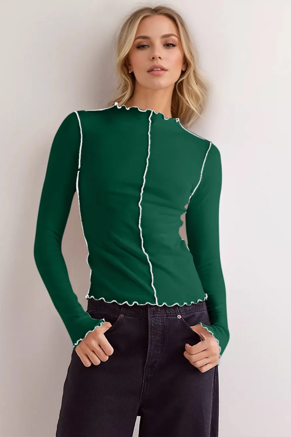 Basic Bae Contrast Trim Mock Neck Long Sleeve T-Shirt - PBNJ FASHIONS