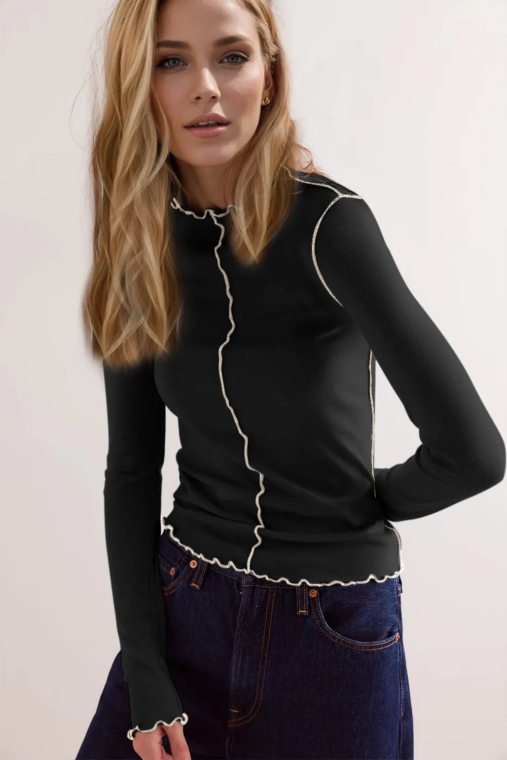 Basic Bae Contrast Trim Mock Neck Long Sleeve T-Shirt - PBNJ FASHIONS