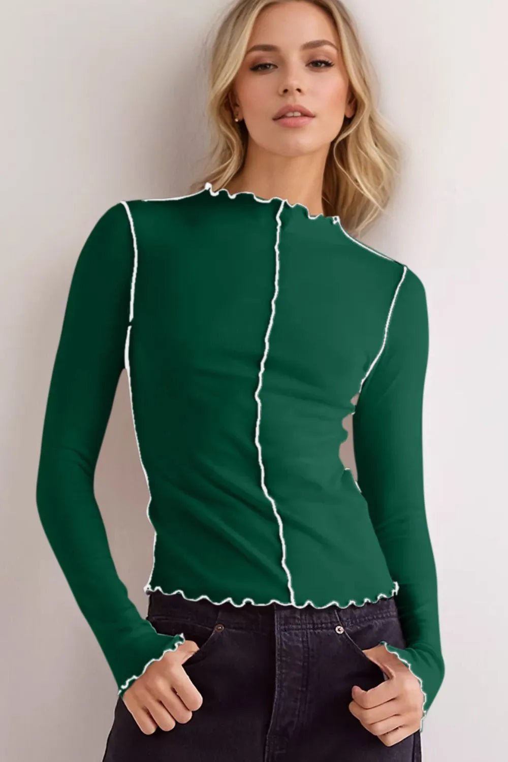 Basic Bae Contrast Trim Mock Neck Long Sleeve T-Shirt - PBNJ FASHIONS