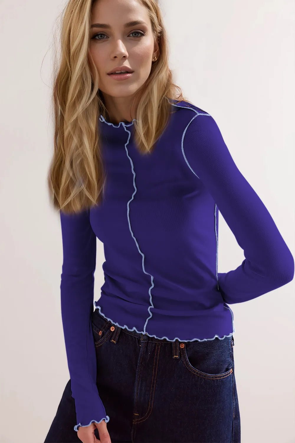 Basic Bae Contrast Trim Mock Neck Long Sleeve T-Shirt - PBNJ FASHIONS