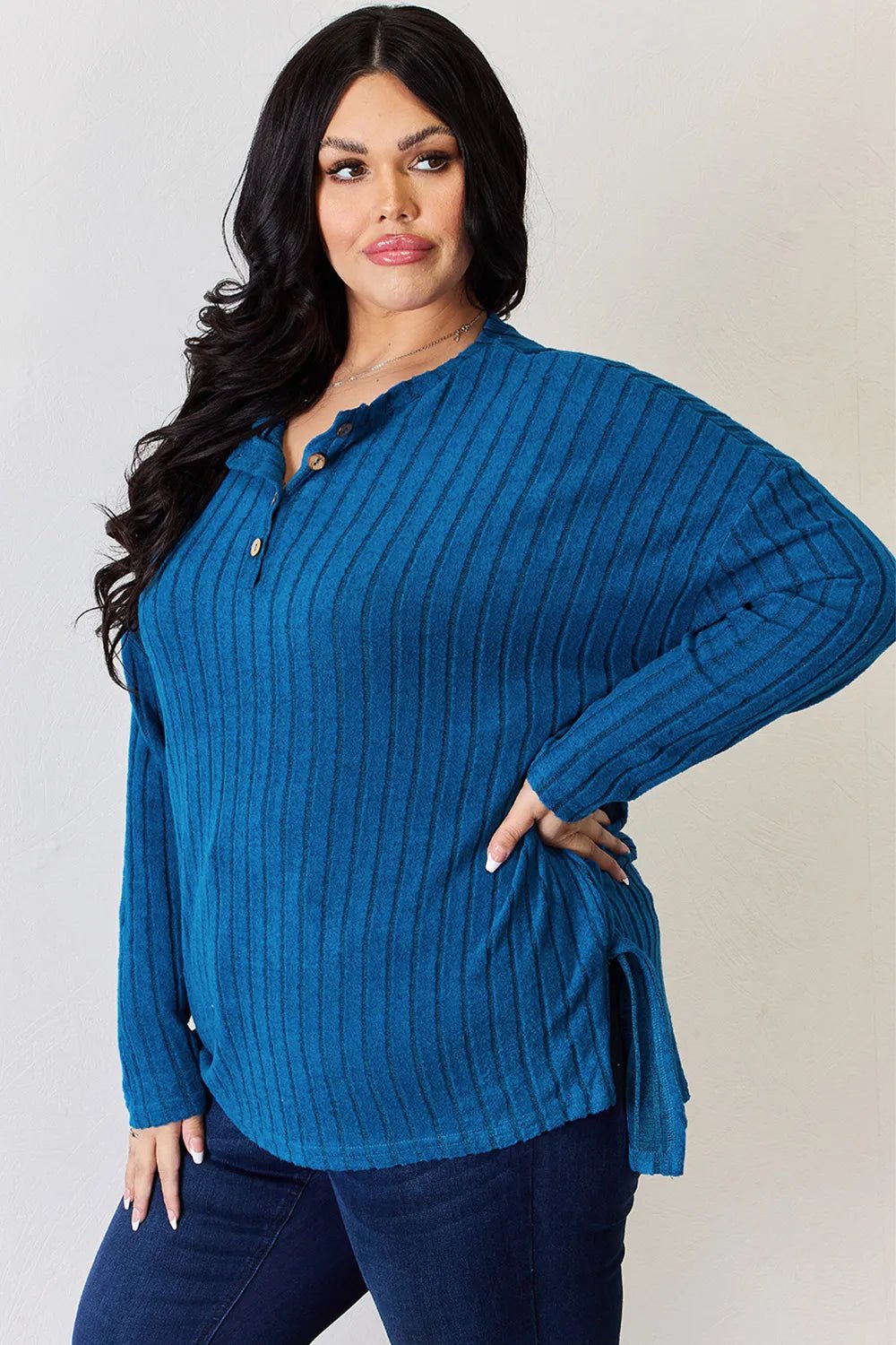 Basic Bae Full Size Ribbed Half Button Long Sleeve High - Low T-Shirt - PBNJ FASHIONS