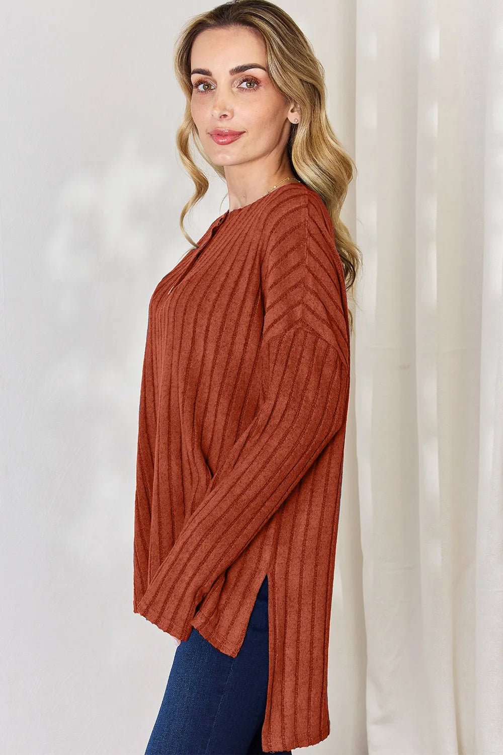 Basic Bae Full Size Ribbed Half Button Long Sleeve High - Low T-Shirt - PBNJ FASHIONS