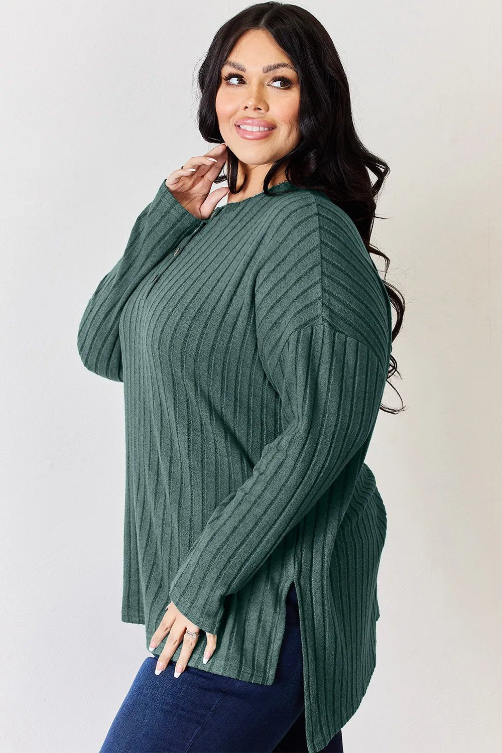 Basic Bae Full Size Ribbed Half Button Long Sleeve High - Low T-Shirt - PBNJ FASHIONS