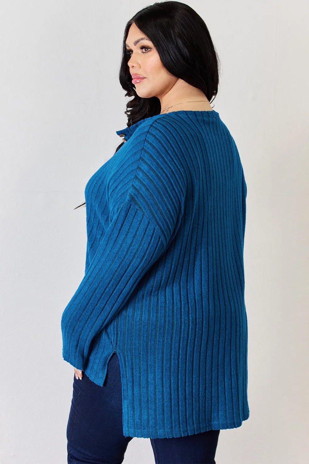 Basic Bae Full Size Ribbed Half Button Long Sleeve High - Low T-Shirt - PBNJ FASHIONS