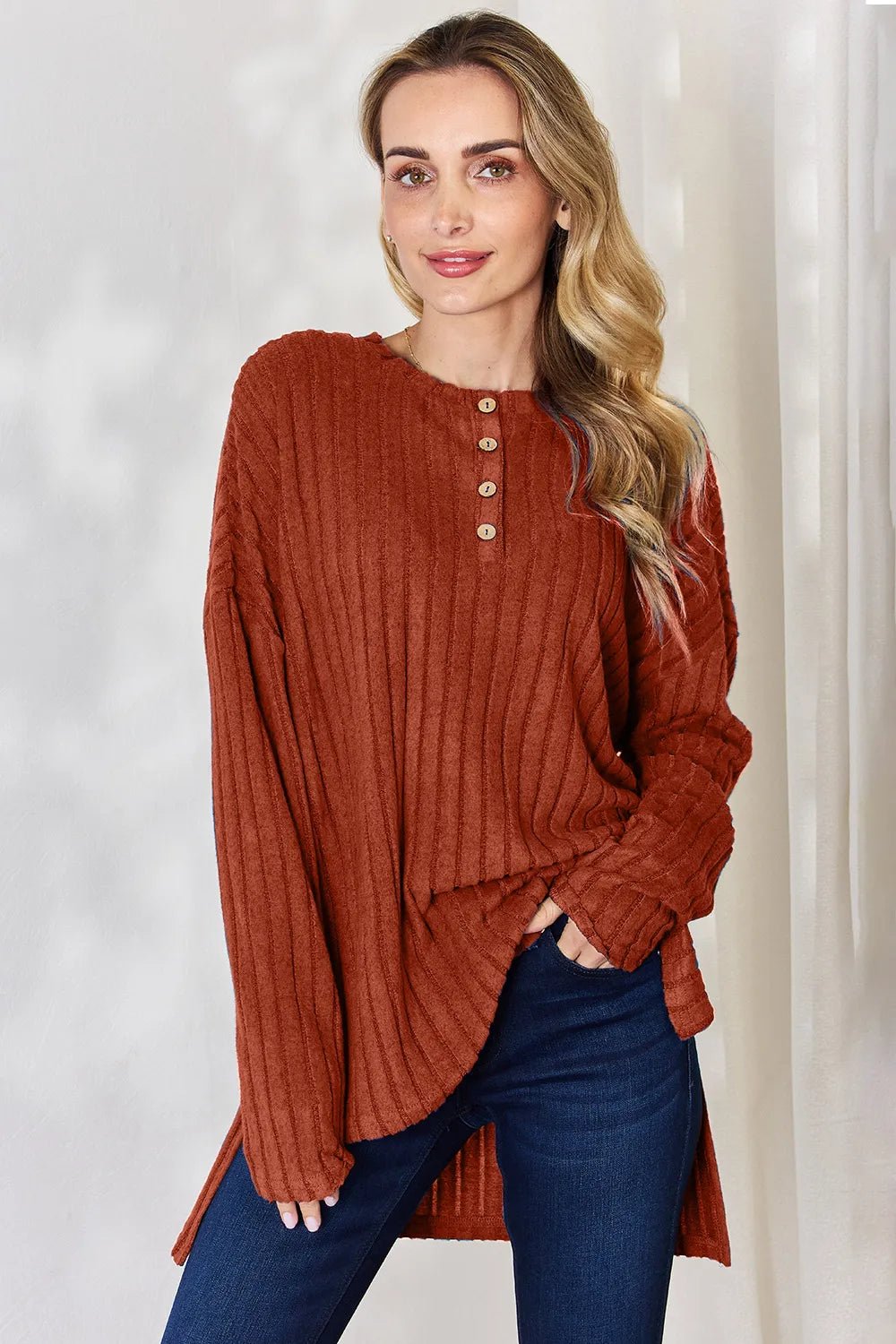 Basic Bae Full Size Ribbed Half Button Long Sleeve High - Low T-Shirt - PBNJ FASHIONS