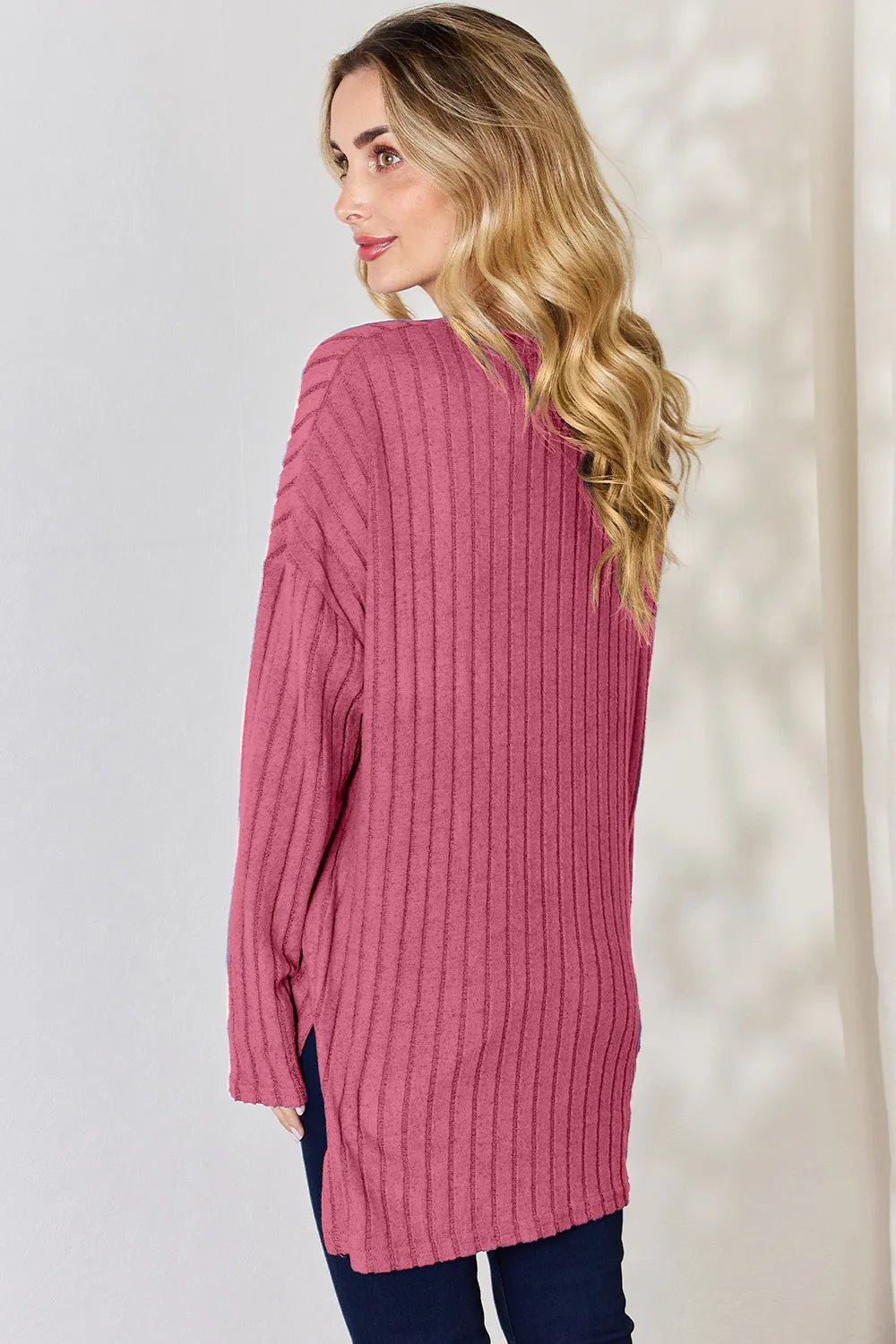 Basic Bae Full Size Ribbed Half Button Long Sleeve High - Low T-Shirt - PBNJ FASHIONS