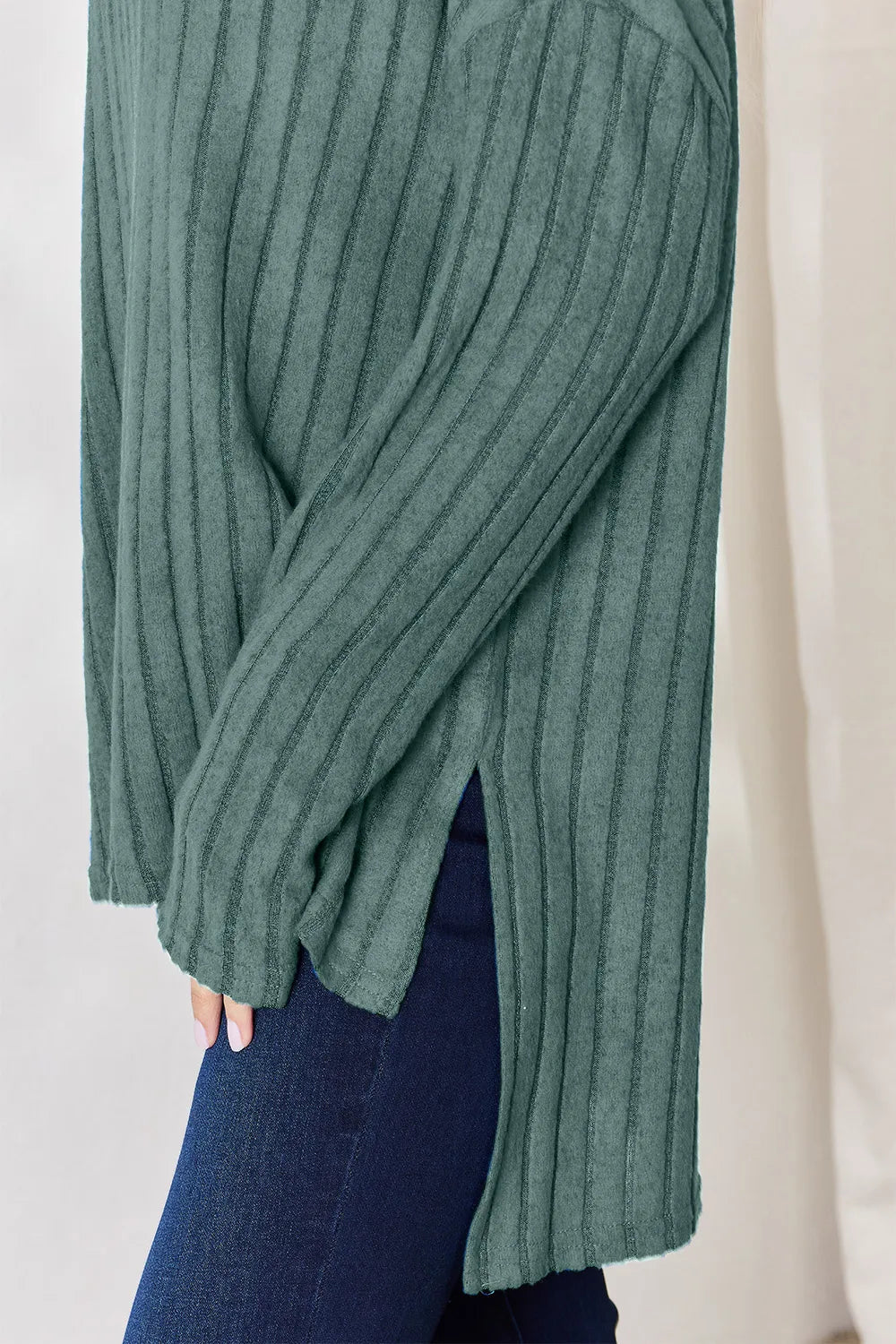 Basic Bae Full Size Ribbed Half Button Long Sleeve High - Low T-Shirt - PBNJ FASHIONS