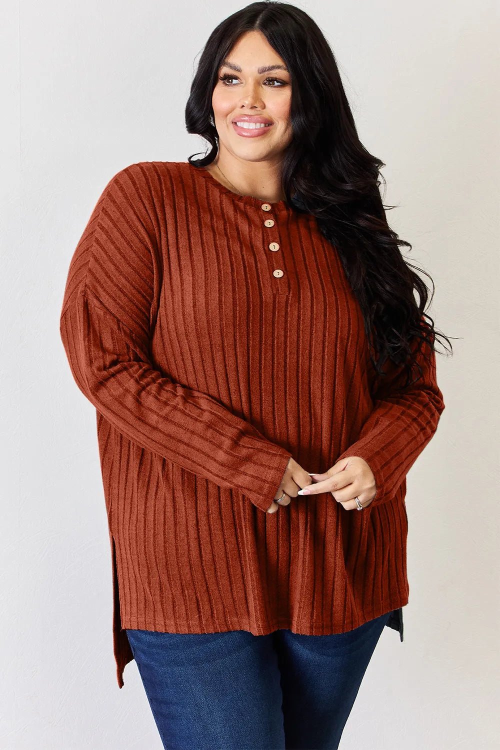 Basic Bae Full Size Ribbed Half Button Long Sleeve High - Low T-Shirt - PBNJ FASHIONS