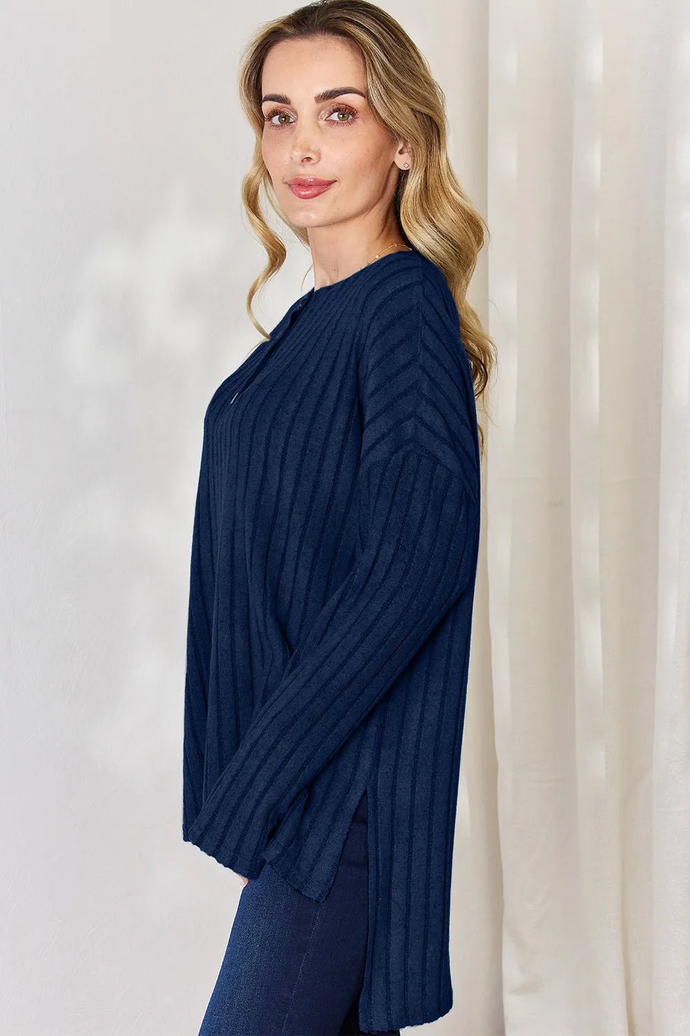 Basic Bae Full Size Ribbed Half Button Long Sleeve High - Low T-Shirt - PBNJ FASHIONS
