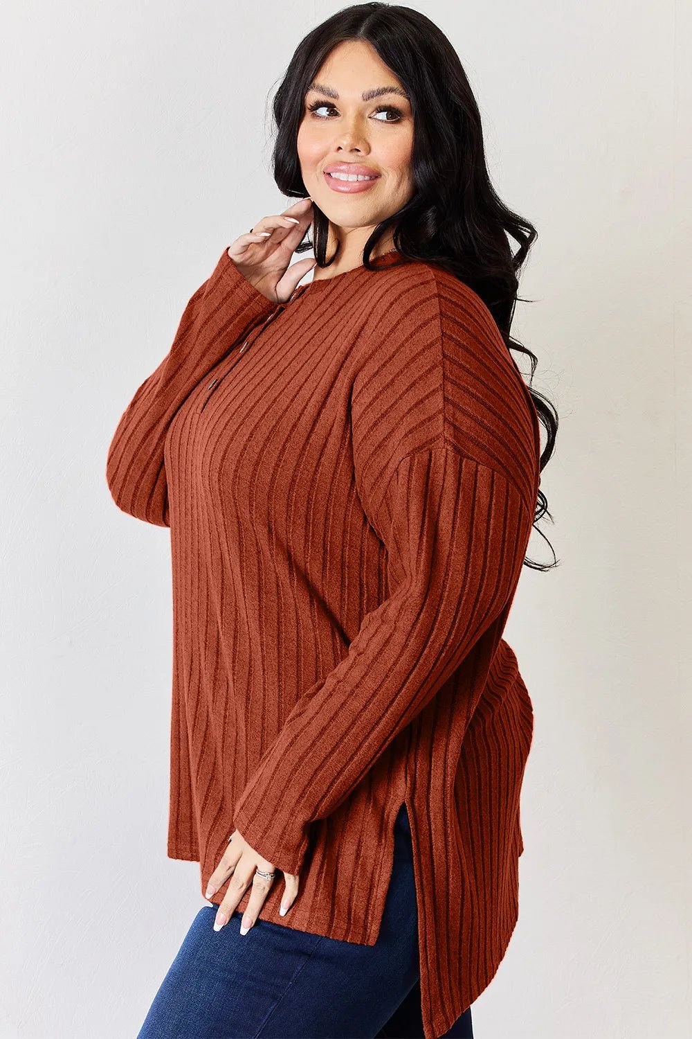 Basic Bae Full Size Ribbed Half Button Long Sleeve High - Low T-Shirt - PBNJ FASHIONS