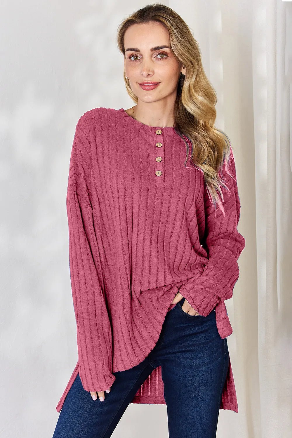 Basic Bae Full Size Ribbed Half Button Long Sleeve High - Low T-Shirt - PBNJ FASHIONS