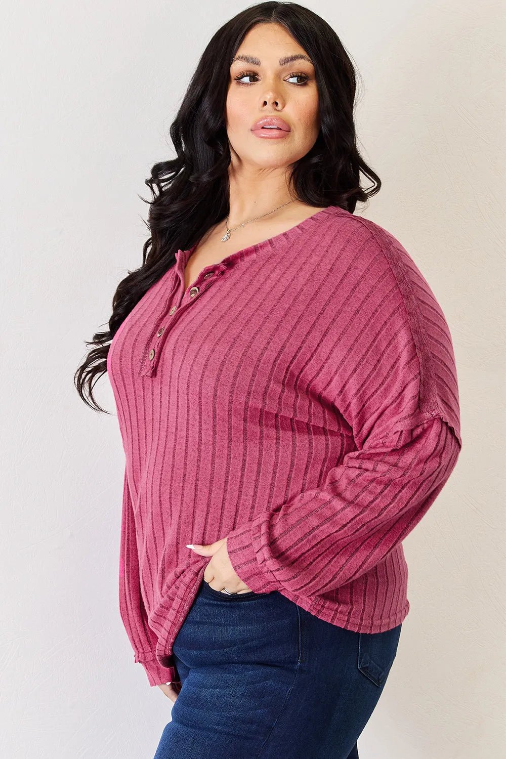 Basic Bae Full Size Ribbed Half Button Long Sleeve High - Low T-Shirt - PBNJ FASHIONS