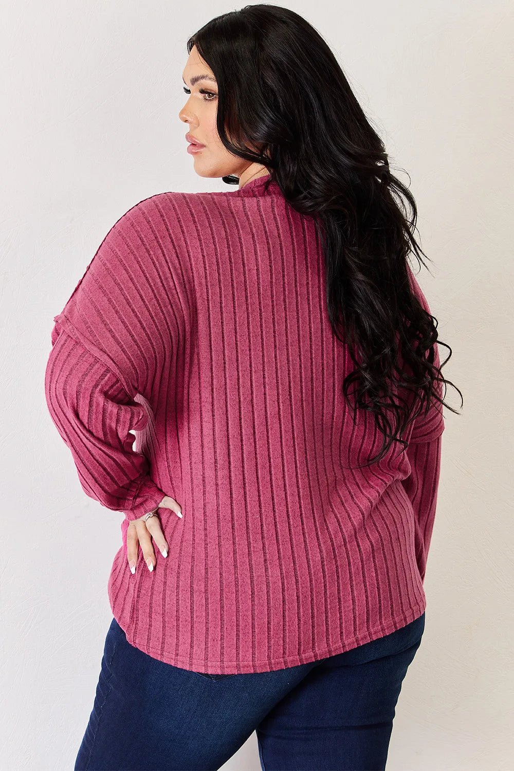 Basic Bae Full Size Ribbed Half Button Long Sleeve High - Low T-Shirt - PBNJ FASHIONS
