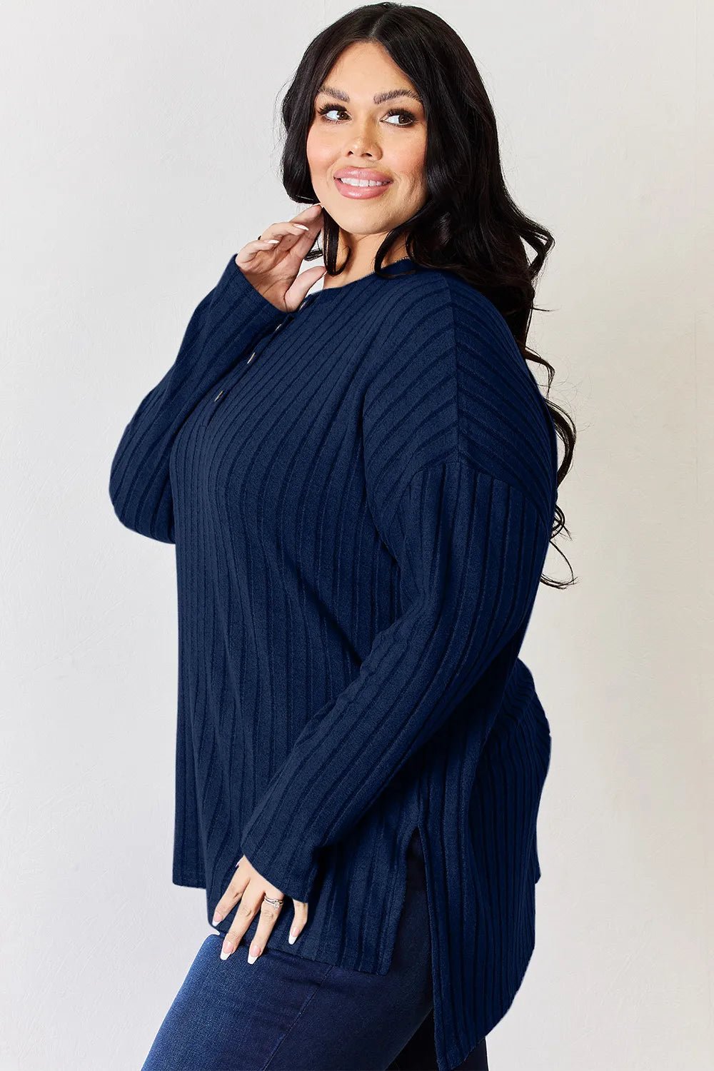 Basic Bae Full Size Ribbed Half Button Long Sleeve High - Low T-Shirt - PBNJ FASHIONS