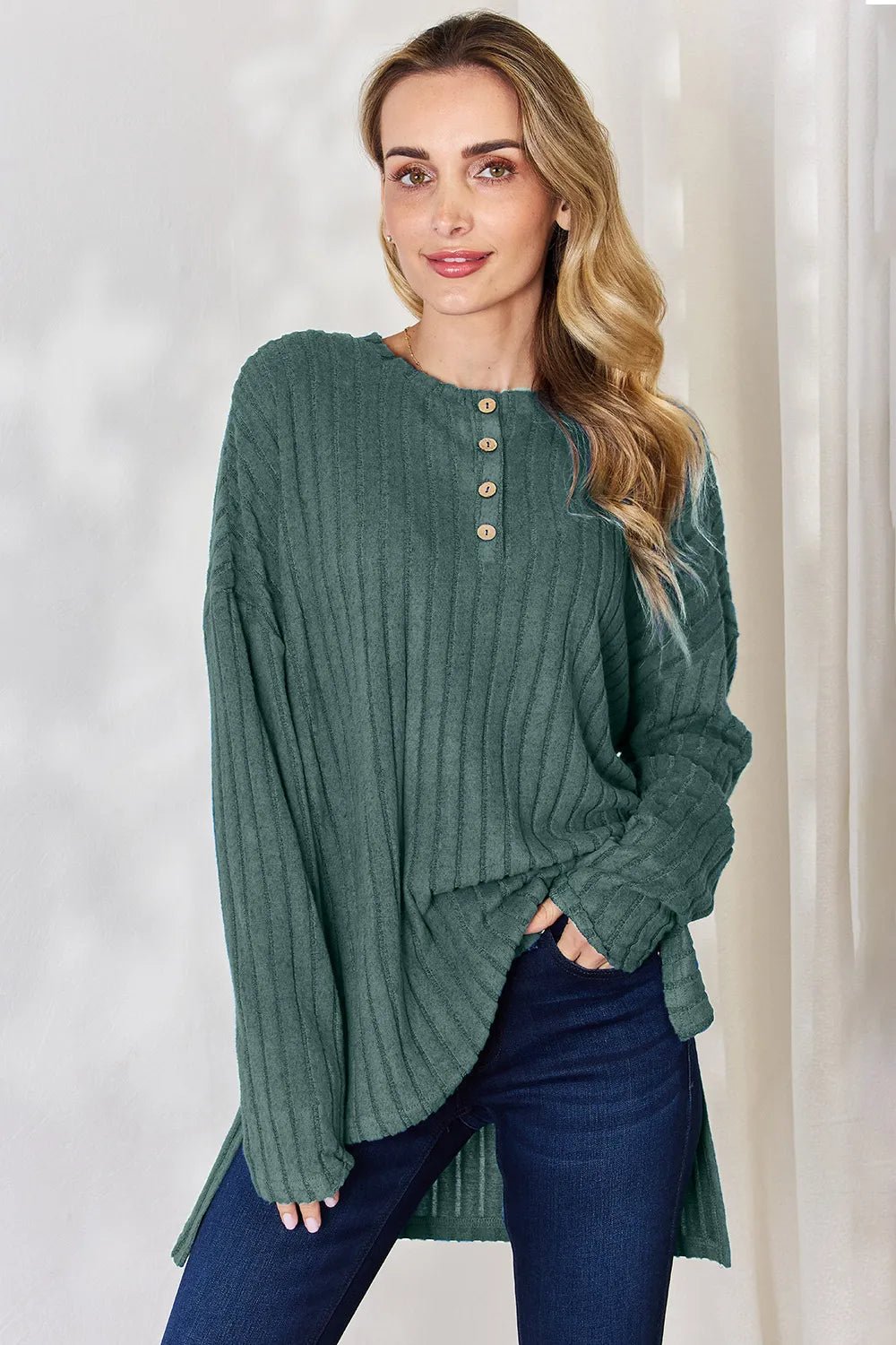 Basic Bae Full Size Ribbed Half Button Long Sleeve High - Low T-Shirt - PBNJ FASHIONS