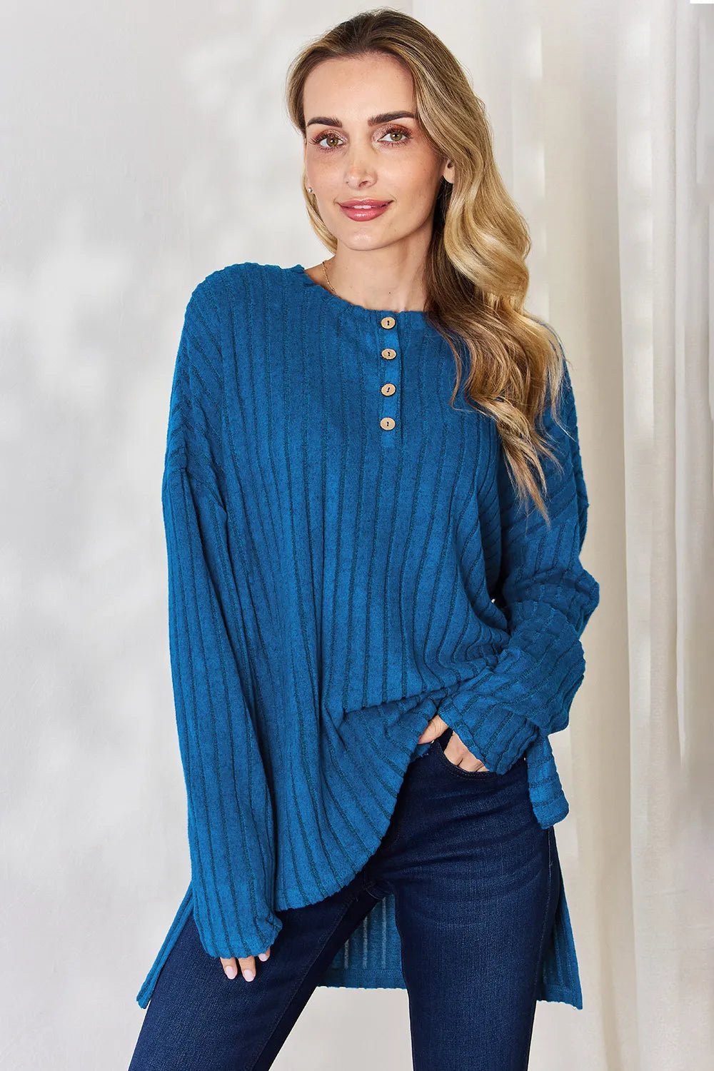 Basic Bae Full Size Ribbed Half Button Long Sleeve High - Low T-Shirt - PBNJ FASHIONS