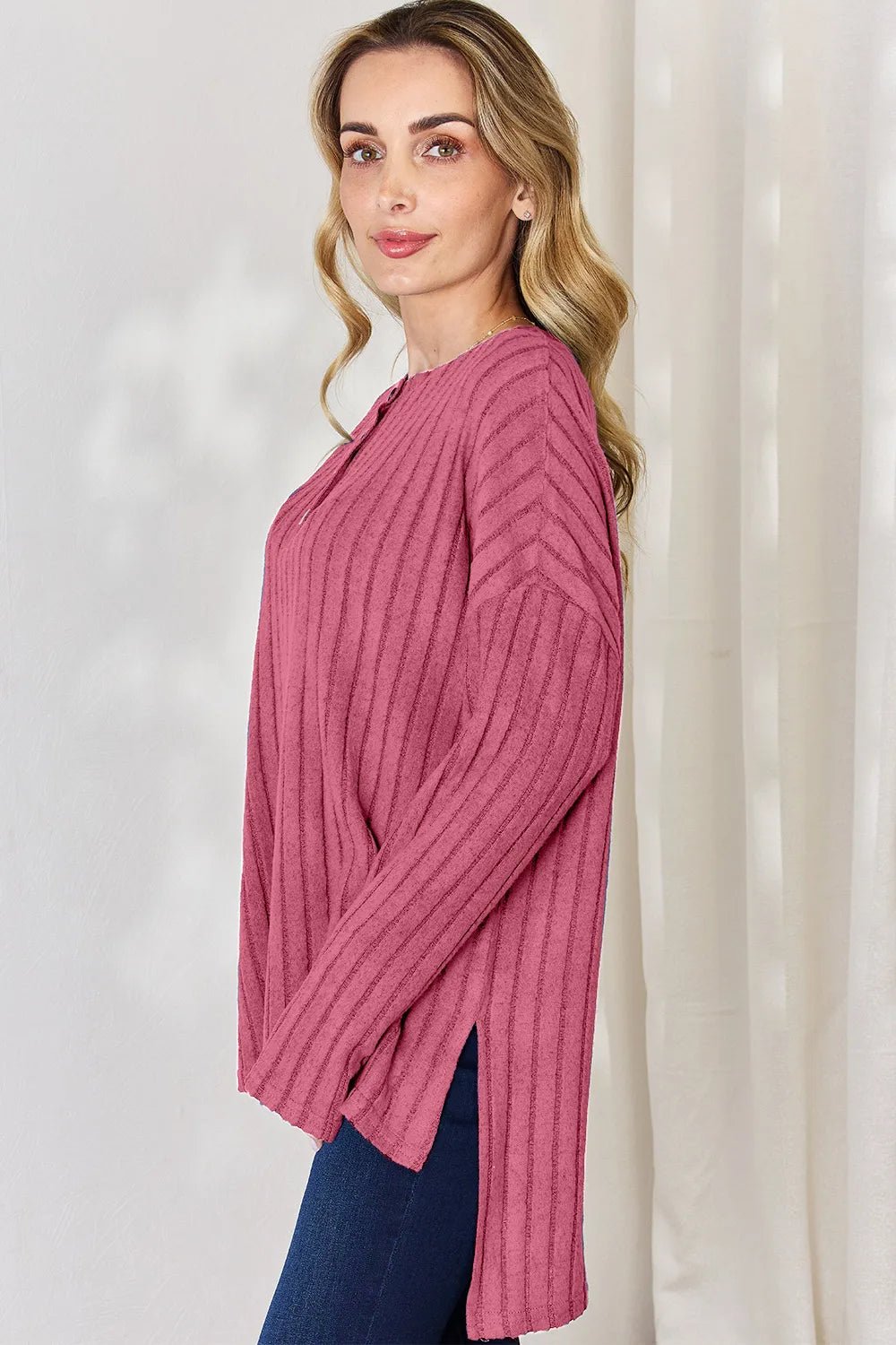 Basic Bae Full Size Ribbed Half Button Long Sleeve High - Low T-Shirt - PBNJ FASHIONS