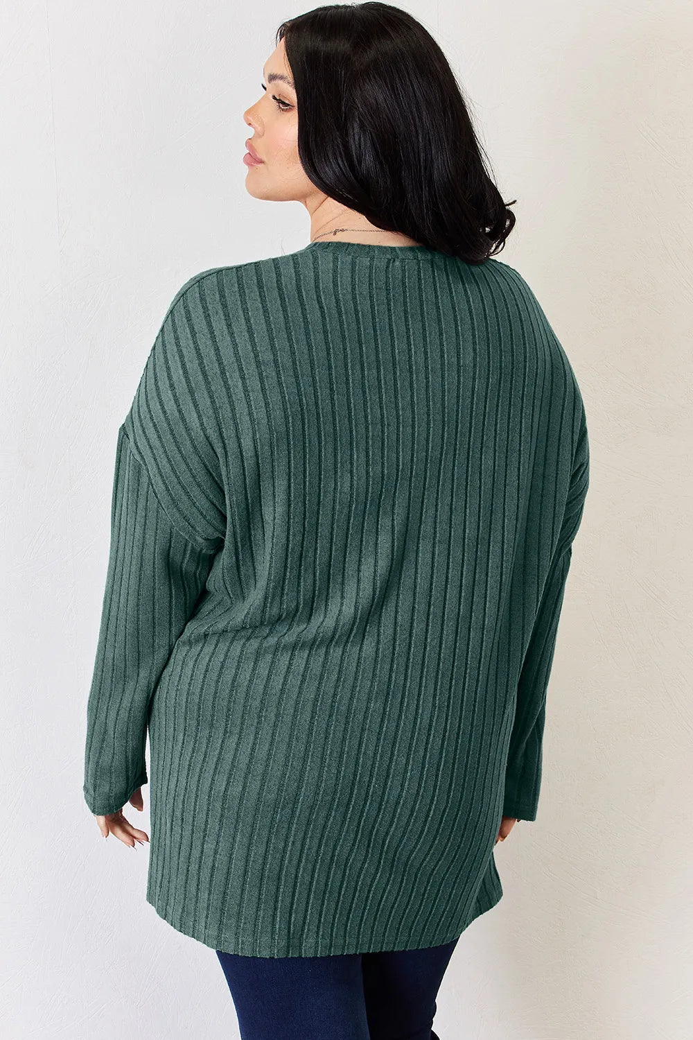 Basic Bae Full Size Ribbed Half Button Long Sleeve High - Low T-Shirt - PBNJ FASHIONS