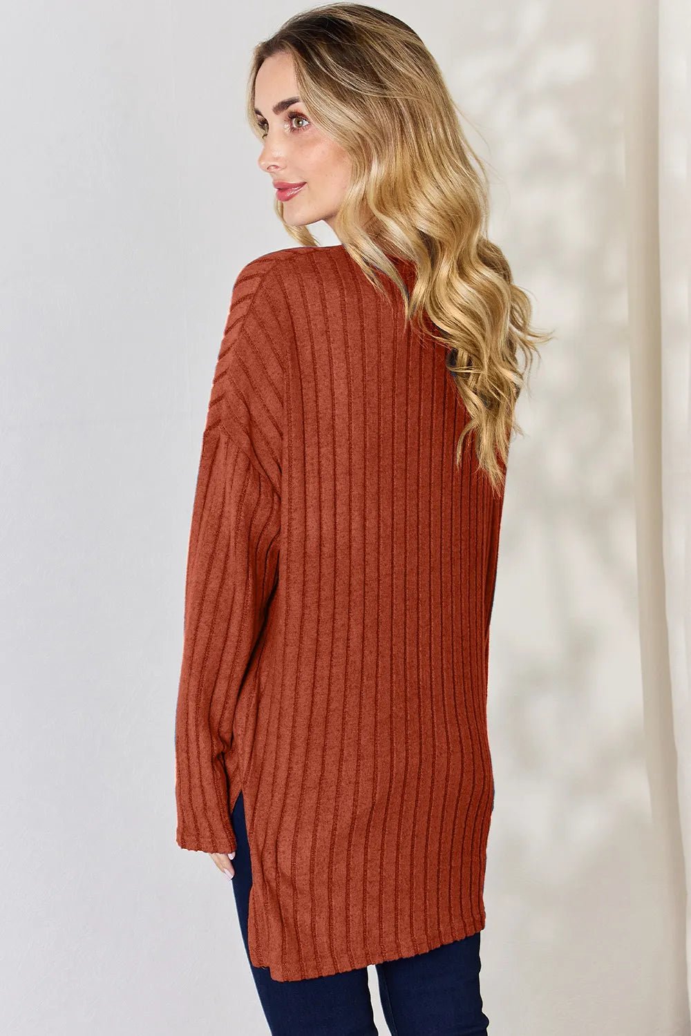Basic Bae Full Size Ribbed Half Button Long Sleeve High - Low T-Shirt - PBNJ FASHIONS