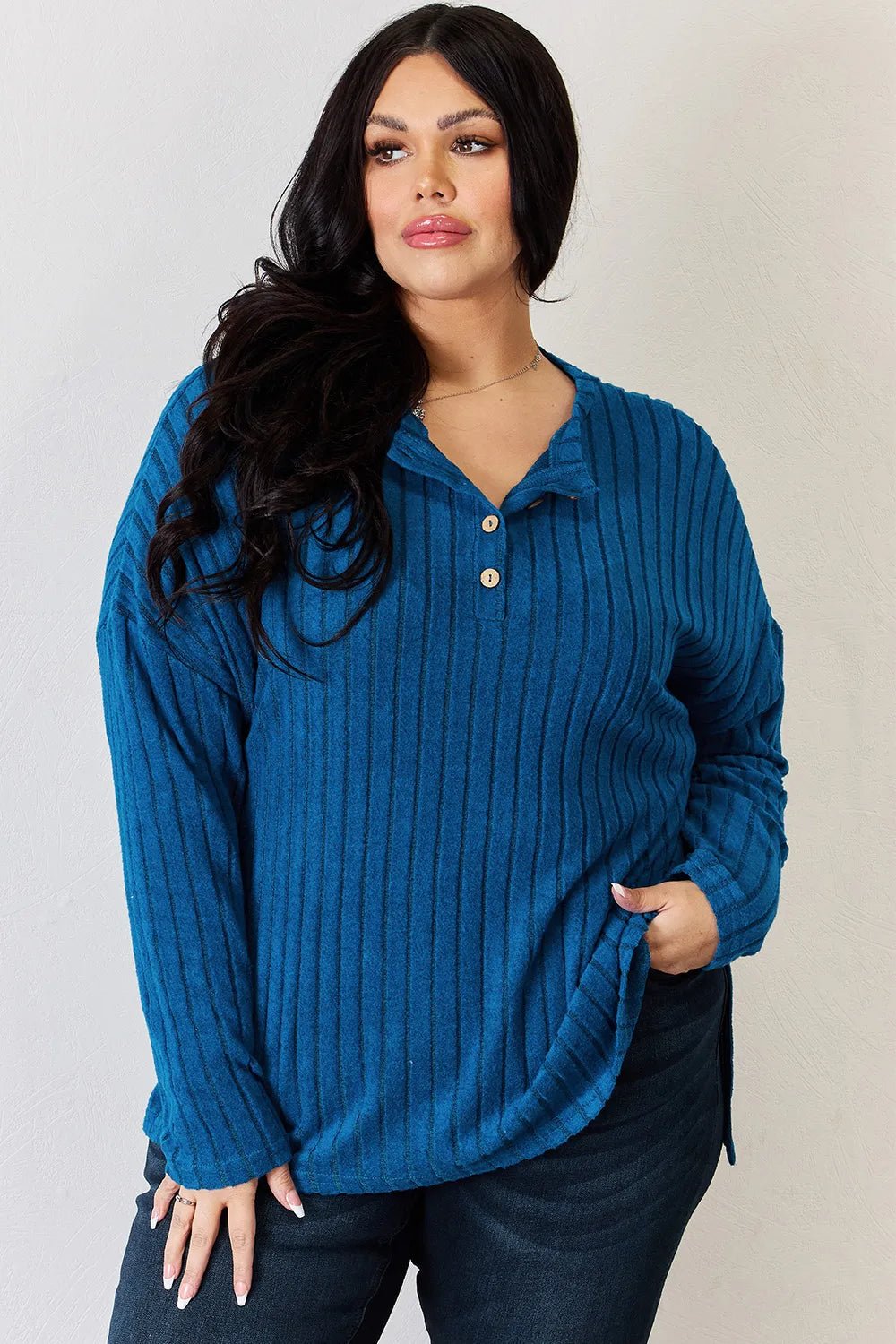 Basic Bae Full Size Ribbed Half Button Long Sleeve High - Low T-Shirt - PBNJ FASHIONS