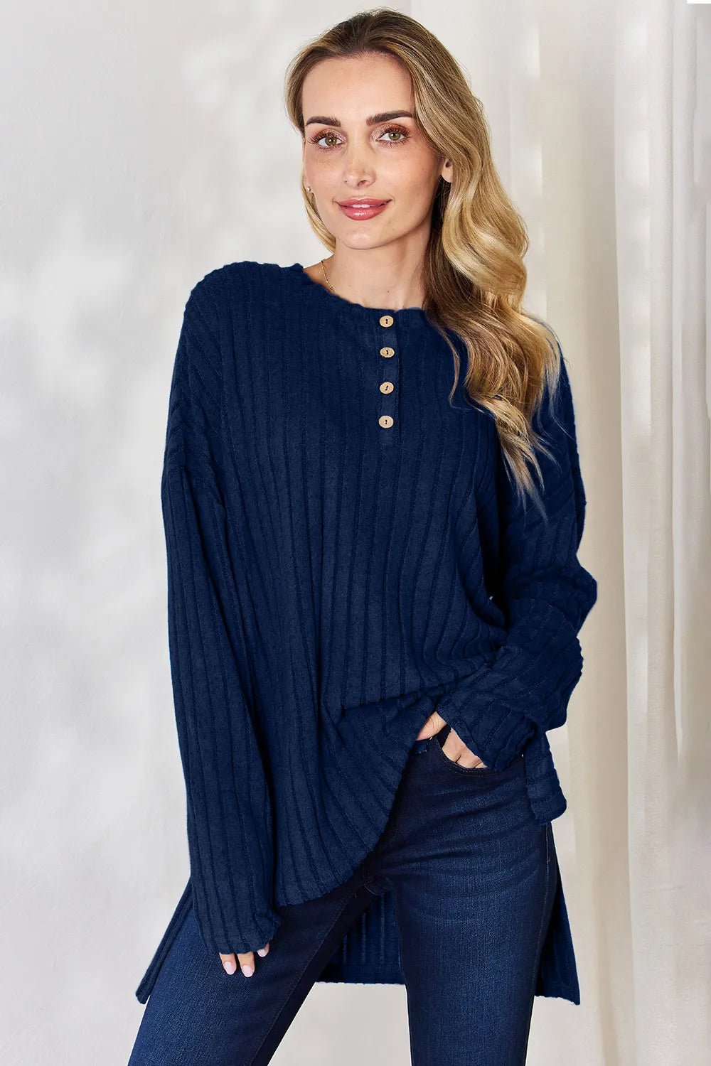 Basic Bae Full Size Ribbed Half Button Long Sleeve High - Low T-Shirt - PBNJ FASHIONS