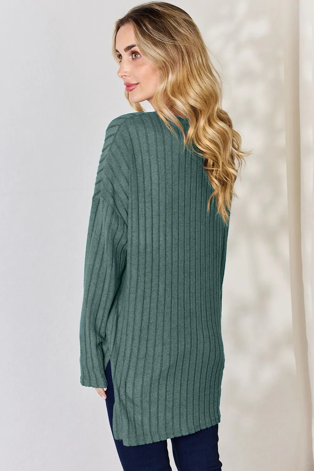 Basic Bae Full Size Ribbed Half Button Long Sleeve High - Low T-Shirt - PBNJ FASHIONS
