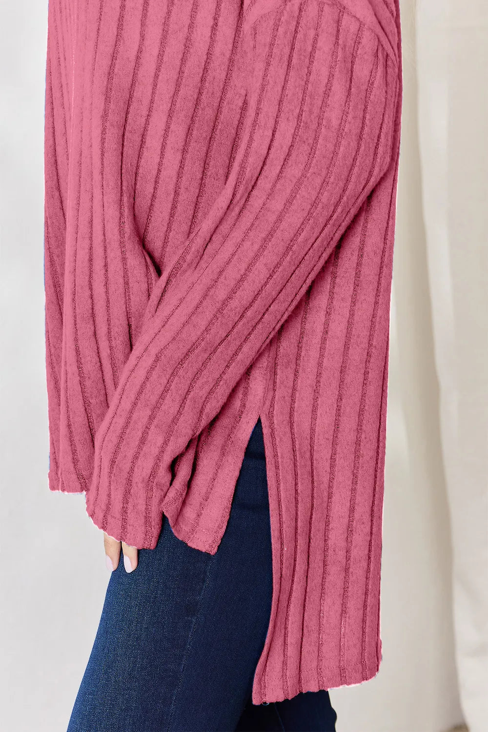 Basic Bae Full Size Ribbed Half Button Long Sleeve High - Low T-Shirt - PBNJ FASHIONS