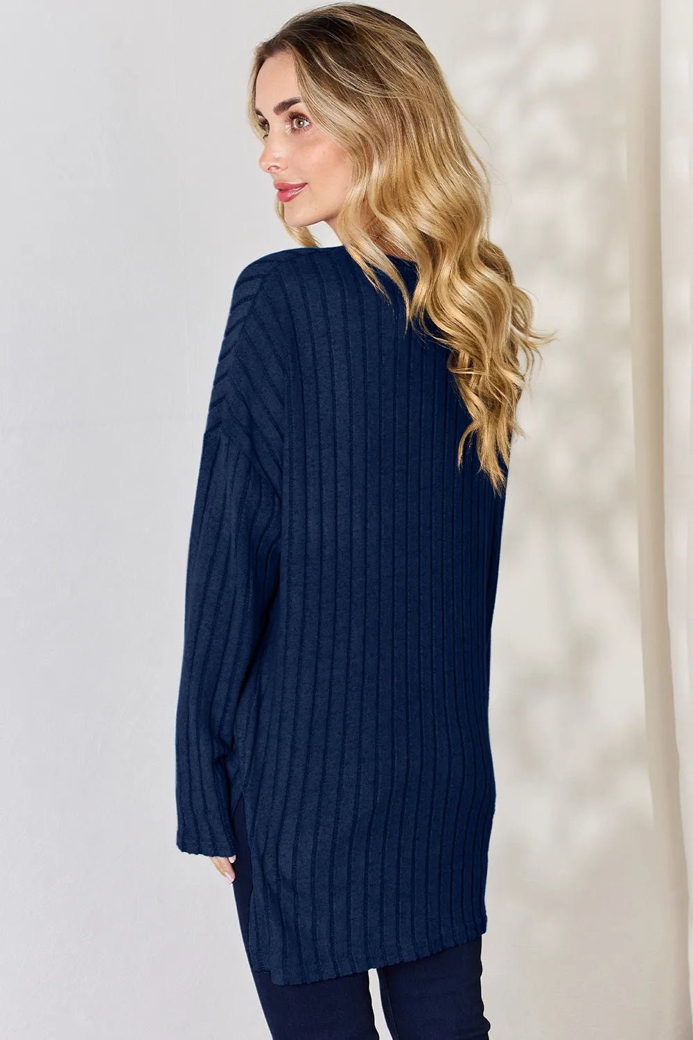 Basic Bae Full Size Ribbed Half Button Long Sleeve High - Low T-Shirt - PBNJ FASHIONS