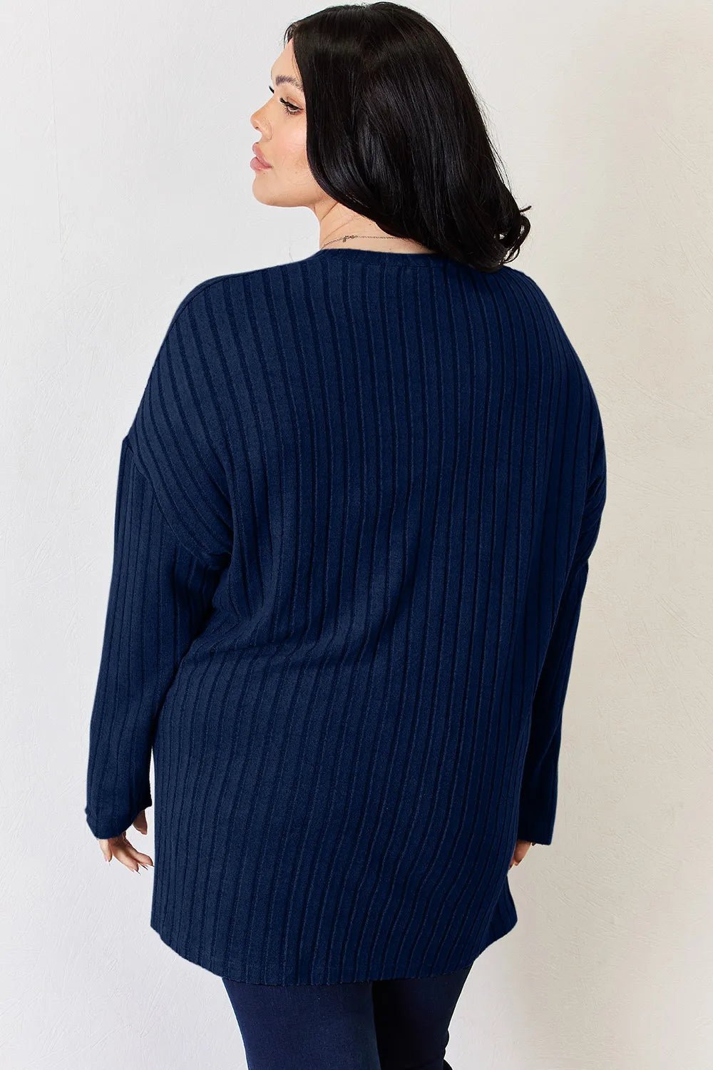 Basic Bae Full Size Ribbed Half Button Long Sleeve High - Low T-Shirt - PBNJ FASHIONS