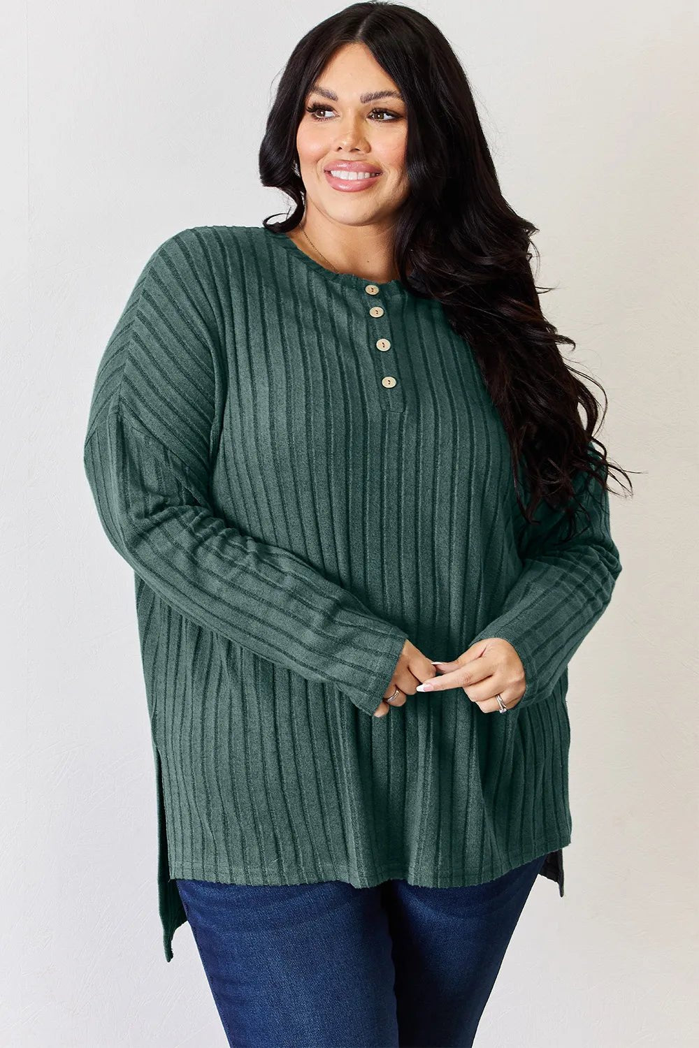 Basic Bae Full Size Ribbed Half Button Long Sleeve High - Low T-Shirt - PBNJ FASHIONS