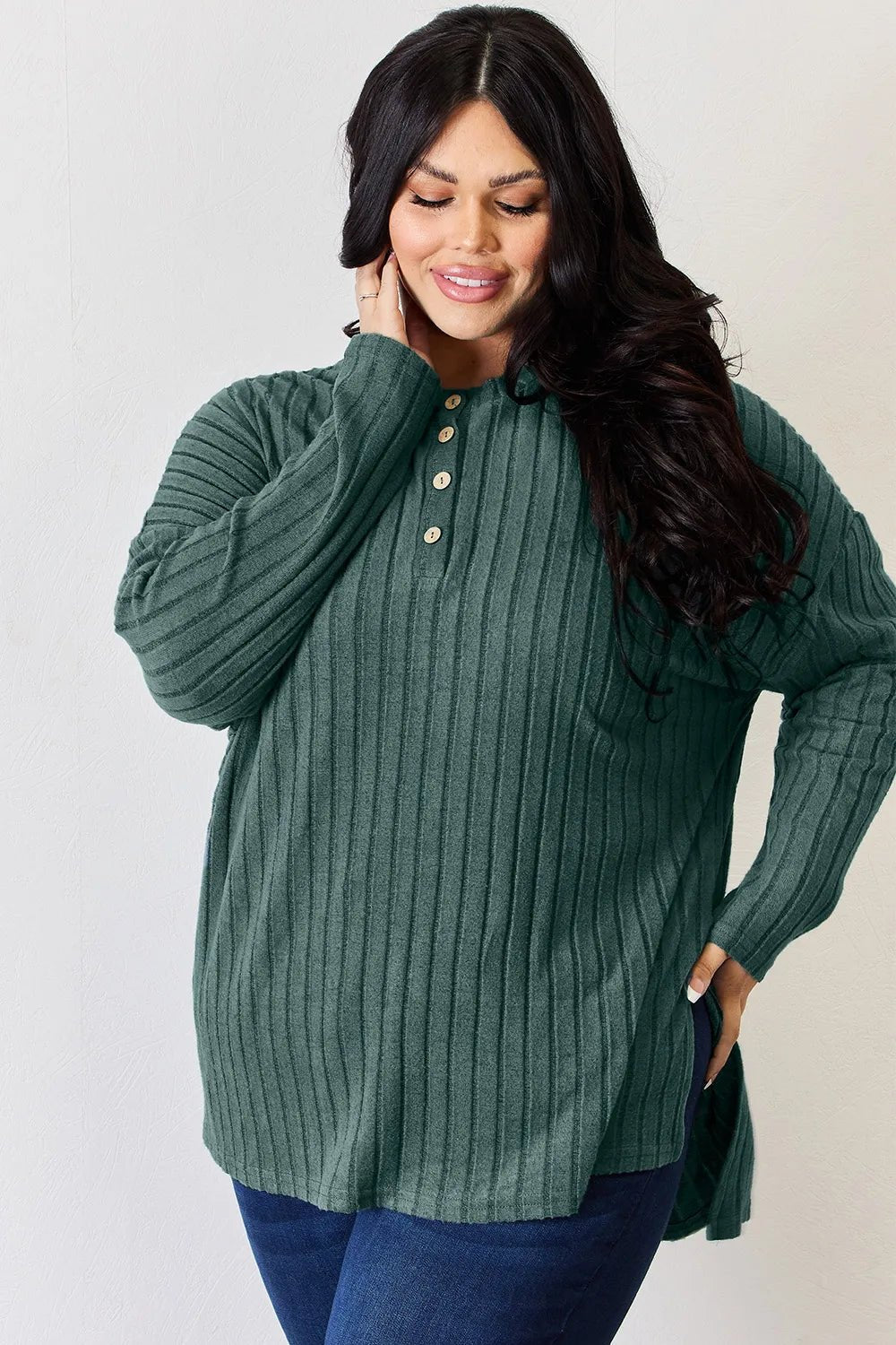 Basic Bae Full Size Ribbed Half Button Long Sleeve High - Low T-Shirt - PBNJ FASHIONS